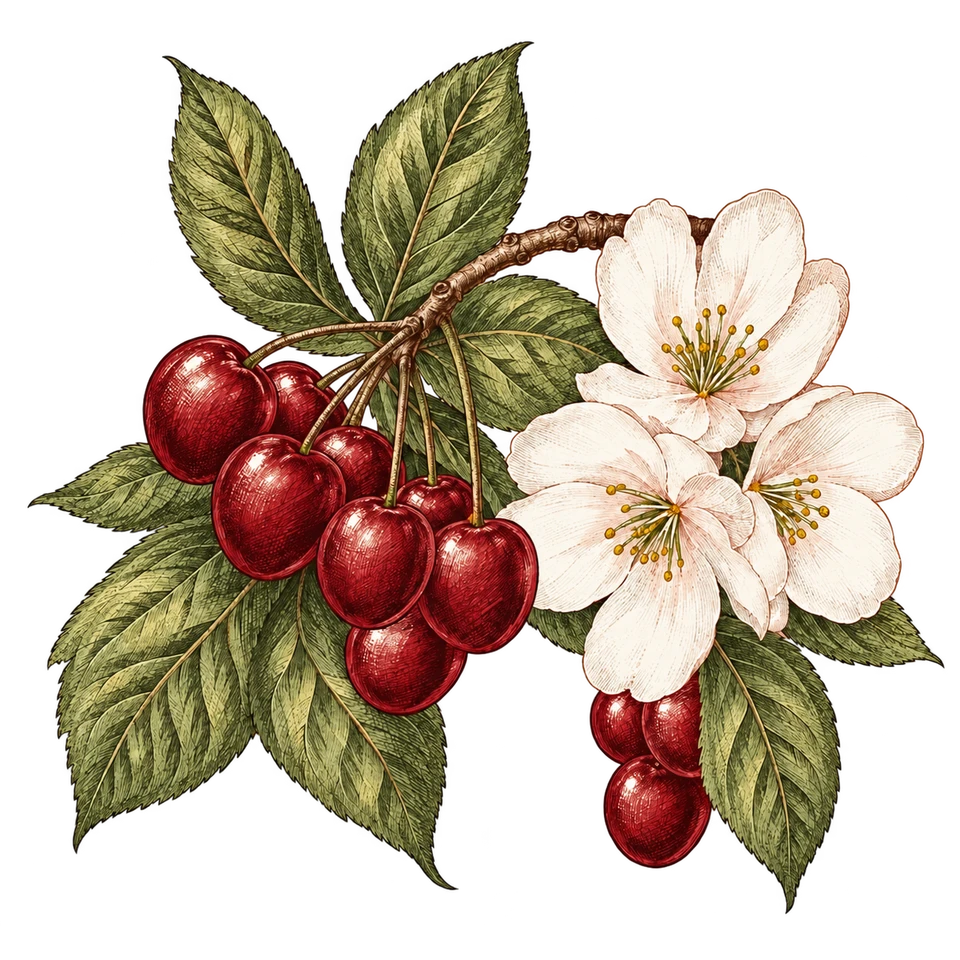 Cherry Blossom engraved cherries and blossoms